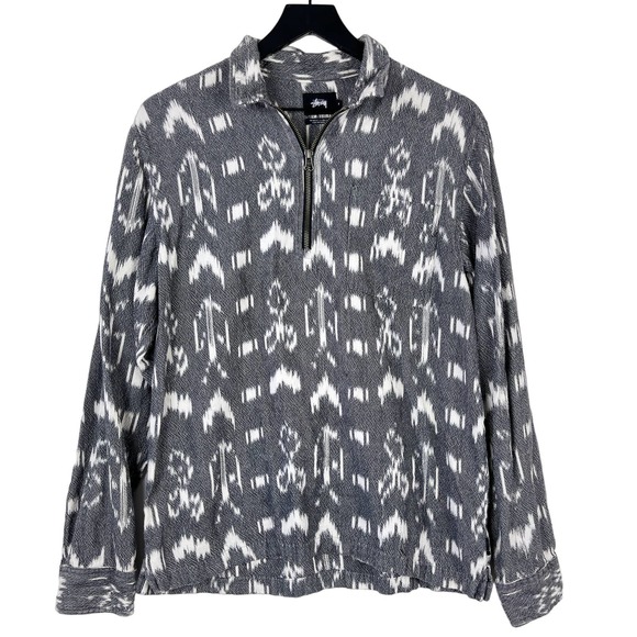 Stussy (M) Beach Cotton Half Zip Pullover Sweater Gray Ikat Print - Picture 1 of 10